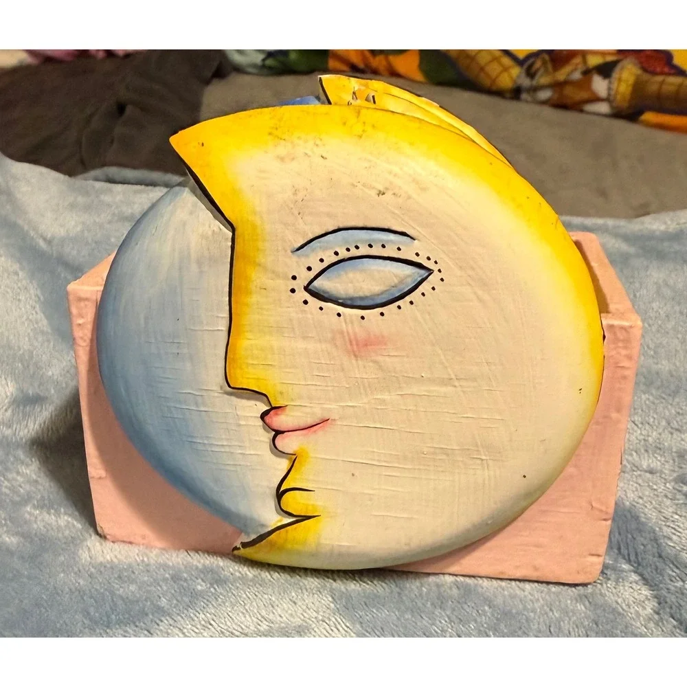 Vintage Celestial Moon Face Coaster Set with Pink Wooden Holder Hand Painted 5pc